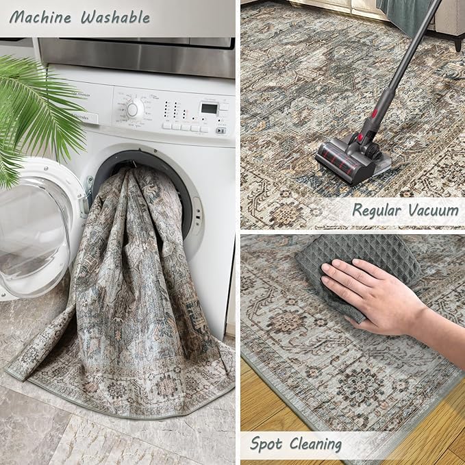 Machine Washable Rug 8x10 - Vintage Inspired Distressed Design Large Area Rugs,Soft Durable, Stain Resistant, Non-Shedding, Easy Clean Area Rugs (Olive/Taupe, 8X10)