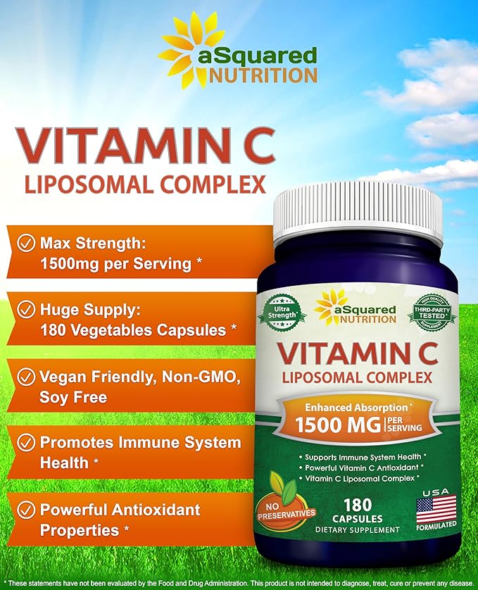 aSquared Nutrition Vitamin C Liposomal Complex - 1500mg Supplement - 180 Capsules - High Absorption VIT C Ascorbic Acid Pills - Supports Immune System & Collagen Health - 90 Servings