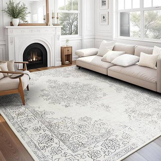 ReaLife Rugs Machine Washable Area Rug - Living Room Bedroom Bathroom Kitchen Entryway Office - Padded Low Pile Stain Resistant Premium - Boho Farmhouse Vintage - Paige - Ivory 4' x 6'