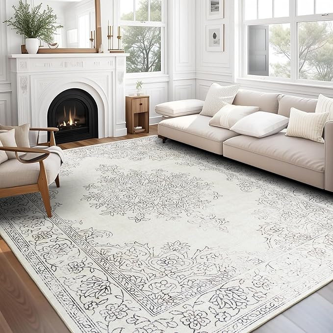 ReaLife Rugs Machine Washable Area Rug Runner - Living Room Bedroom Bathroom Kitchen Entryway Office - Padded Low Pile Stain Resistant Premium - Boho Farmhouse Vintage - Paige - Ivory 3' x 5'