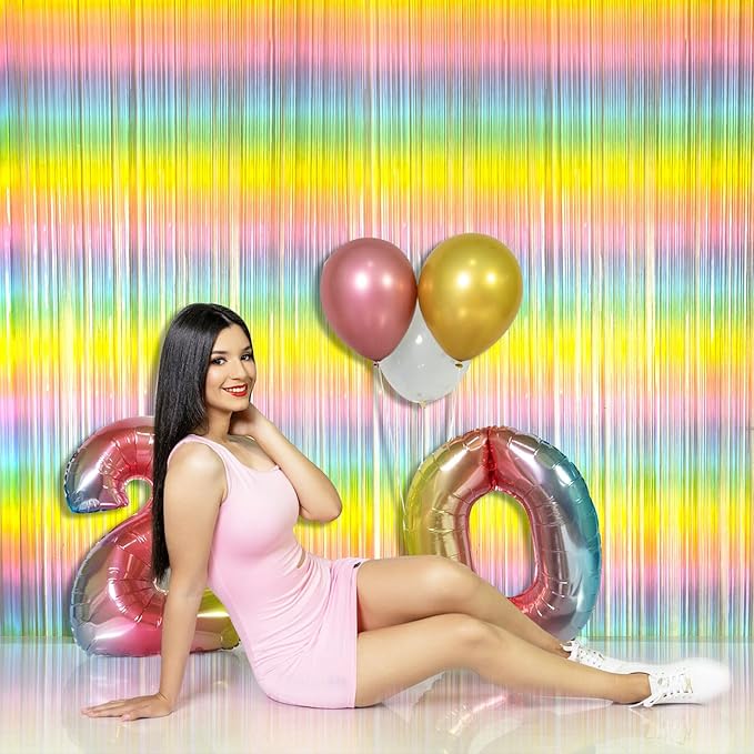 Pastel Rainbow Foil Fringe Curtain Streamers Party Backdrop Foil Fringe Backdrop Curtains Tinsel Streamers for Birthday Party Easter Decorations
