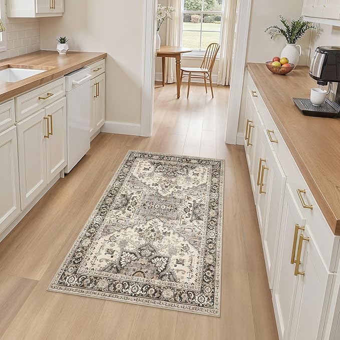 3x5 Washable Entryway Rug: Non-Slip Soft Vintage Floral Indoor Area Rug for Living Room Large Kitchen Entryway Bedroom Bedside, Door Mat Throw Carpet for Laundry Foyer Home Decor (Brown)