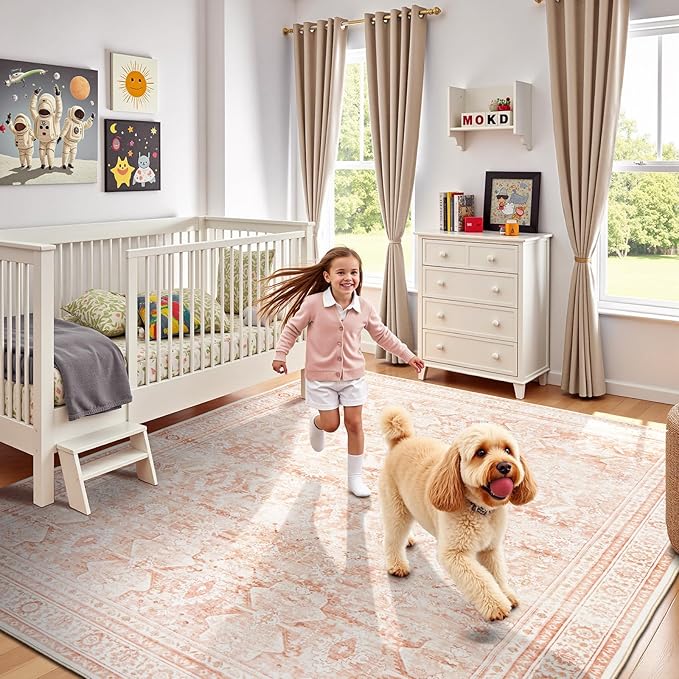 Lofus 8x10 Area Rug for Living Room,Pink Washable Area Rugs with Non-Slip Backing,Soft Boho Carpets for Bedroom Dining Room Home Office Indoor Nursery