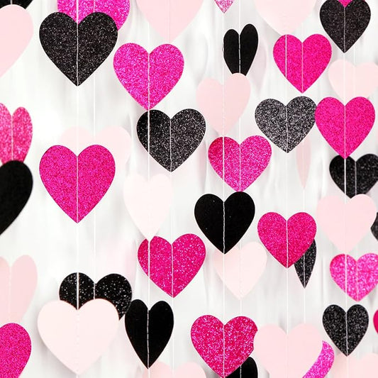 Hot-Pink Black Birthday Party-Decorations Streamers - 62FT Baby Girls Hanging Heart Garland Banner,Wedding Baby Bridal Shower Bachelorette Graduation Backdrop Decor Hugtmr