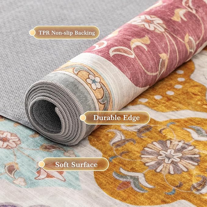 EnHomee Area Rugs 3x5, Soft Washable Rugs for Living Room Bedroom, Boho Non Slip Low Pile Stain Resistant Washable Rug Large Carpet for Dining Room,Easy to Clean Living Room Rug, Colorful