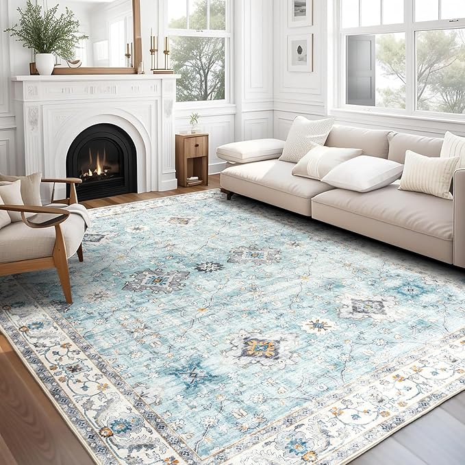 ReaLife Rugs Machine Washable Area Rug - Living Room Bedroom Bathroom Kitchen Entryway Office - Padded Low Pile Stain Resistant Premium - Boho Farmhouse Vintage - BEV - Blue Ivory 7'6" x 9'6"
