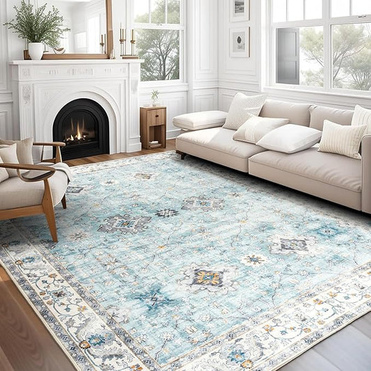 ReaLife Rugs Machine Washable Area Rug - Living Room Bedroom Bathroom Kitchen Entryway Office - Padded Low Pile Stain Resistant Premium - Boho Farmhouse Vintage - BEV - Blue Ivory 7'6" x 9'6"
