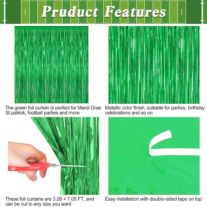 12 Pack Party Decorations, 3.28 FT x 7.05 FT Green Streamer, Metallic Birthday Backdrop Foil Fringe Curtains Green Tinsel, Party Supplies Photo Booth Props Door Wall Indoor Decor