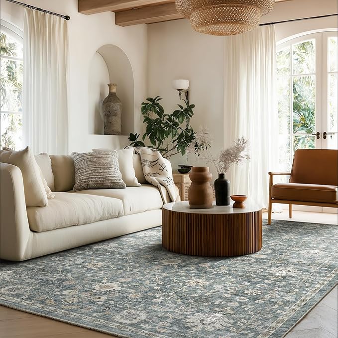 Washable Area Rugs 5'x7' Non-Slip Vintage Boho Distressed Fade Resistant Low Pile Carpet for High-Traffic Living Room, Bedroom & Dining Room