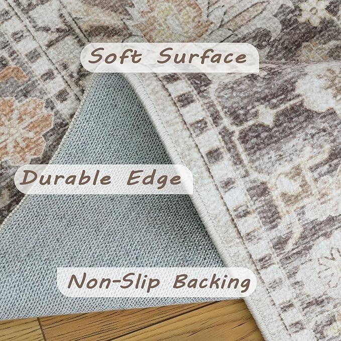 8X10 Area Rugs Machine Washable Rugs for Living Room Bedroom Hallway, Non Slip Indoor Soft Accent Distressed Boho Vintage Print Lightweight Thin Low Pile Carpet (Coffee, 8X10)