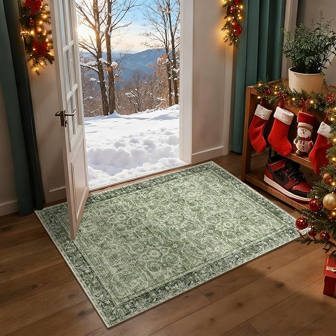 Washable 2'x3' Non Slip Rug Vintage Soft Low Pile Lightweight Boho Area Rugs for High-Traffic Areas (Entryway, Kitchen, Hallway), Farmhouse Decor