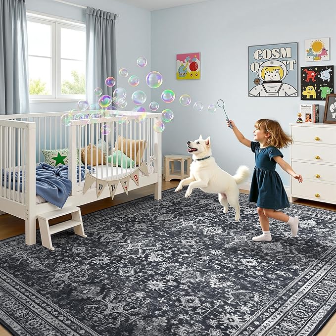 Lofus 5x7 Area Rug for Living Room,Black Washable Area Rugs with Non-Slip Backing,Soft Boho Carpets for Bedroom Dining Room Home Office Indoor Nursery