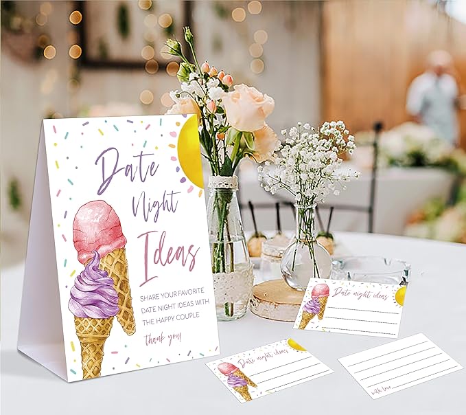 Pink & Purple Ice Cream Themed Share Your Date Night Ideas Game, 1 Tabletop Sign and 50 Cards, Bridal Shower Games 50 Guests, Wedding Shower Games for Engagement Wedding Event & Party Supplies