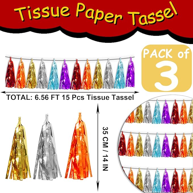 3P Lake Blue Orange-Red-Gold-Silver-Purple Metallic Fringe Tassel Banner Garland Foil Tinsel Streamer Wall Hanging Curtain Backdrop Banner for Parade Floats,Graduation Wedding Party Decorations