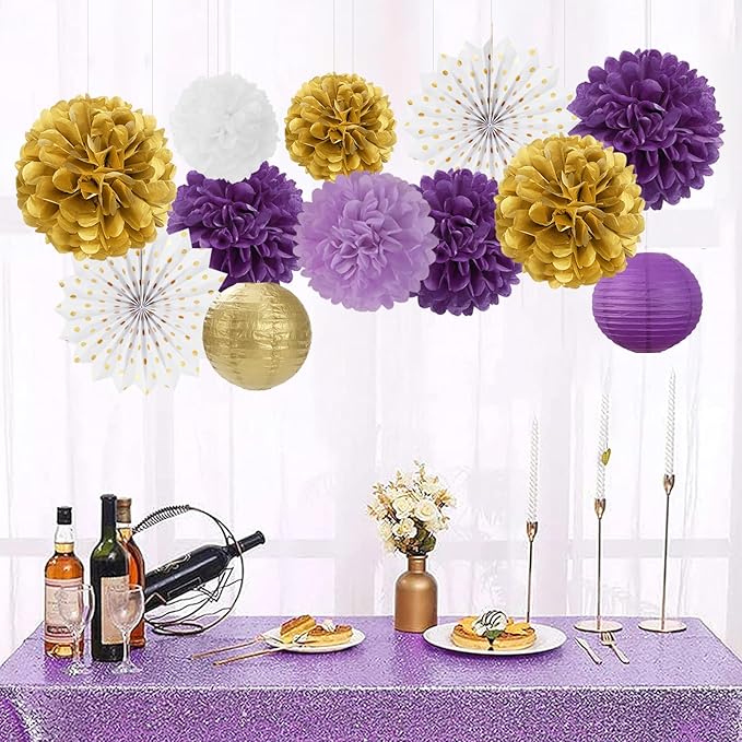 Purple-Lavender White Gold Party Decorations - 20pcs Graduation Birthday Paper Lanterns Fans,Tissue Pom Poms,Honeycomb Balls,Baby Shower Bridal Wedding Bachelorette Valentines Day Decor Burgleda