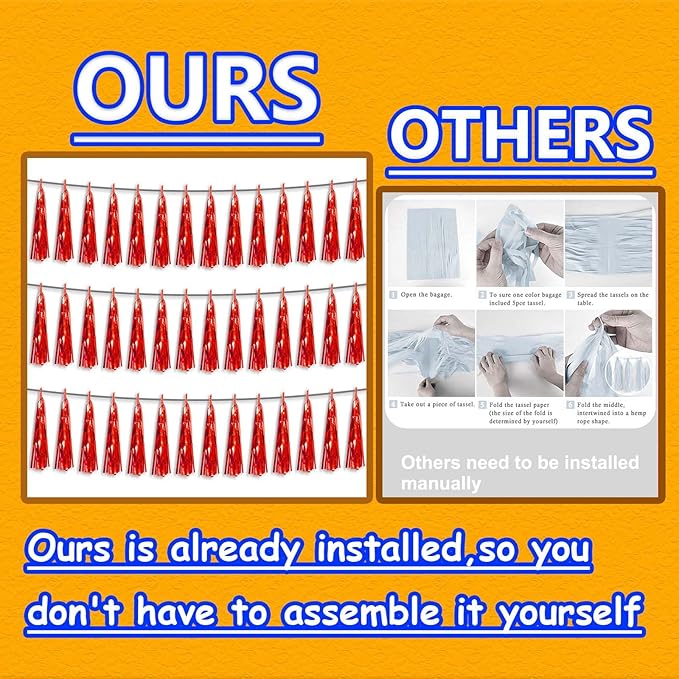 3P Metallic Fringe Tassel Banner Garland Foil Tinsel Streamer Wall Hanging Curtain Backdrop Banner for Parade Floats,Graduation Decorations, Wedding Party Decoration(Red)