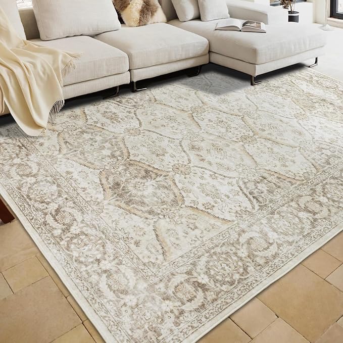 7x9 Machine Washable Non Slip Vintage Area Rugs for Living Room, Low Pile Lightweight Print Rug for Bedroom, Dining Room, Home Office, Beige Gray