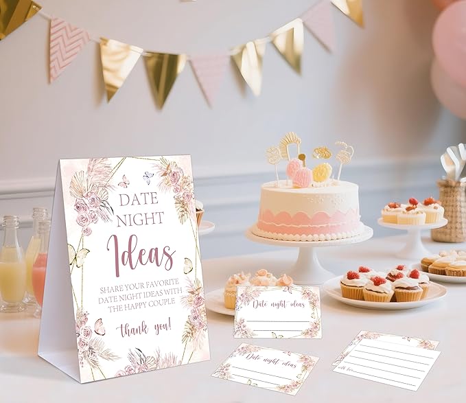 Boho Butterfly Themed Share Your Date Night Ideas Game, 1 Tabletop Sign and 50 Cards, Bridal Shower Games 50 Guests, Wedding Shower Games for Bachelorette Night Wedding Event & Party Supplies