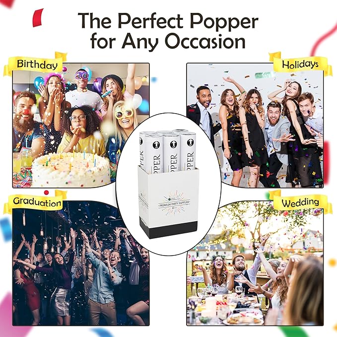 Clover Products 12" Biodegradable Confetti Cannons | 6 Pack Confetti Poppers for Weddings, Birthdays & Parties | Air-Powered Party Poppers Shoot 25 Feet | Safe for Indoor & Outdoor Use