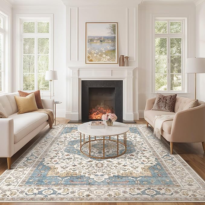 Area Rug for Living Room - 7x9 Soft Washable Oriental Vintage Floral Distressed Large Carpet - Fade Stain Resistant Non Slip Rugs for Bedroom Dining Room Nursery Dorm Office Home Decor - Blue/Beige