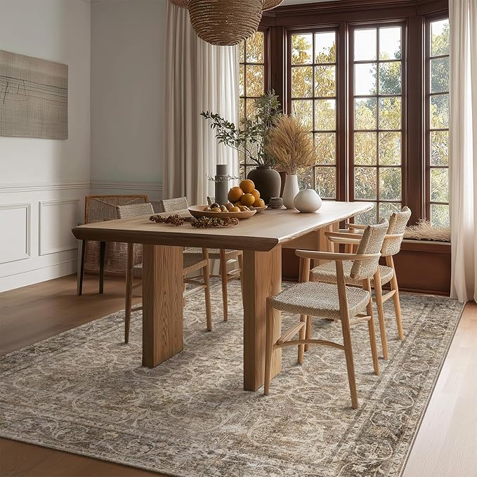 Washable Area Rugs 5'x7' Non-Slip Vintage Boho Distressed Fade Resistant Low Pile Carpet for High-Traffic Living Room, Bedroom & Dining Room