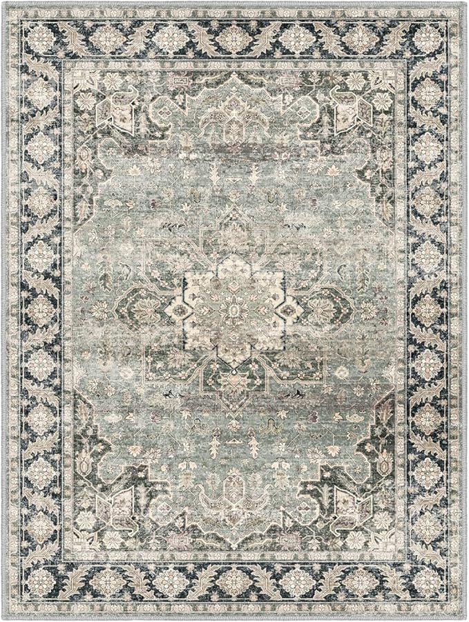 7X9 Area Rugs - 7X9 Washable Area Rug Indoor Vintage Rug Print Rug Low-Pile Floor Carpet for Living Room, Bedroom (Olive Charcoal)