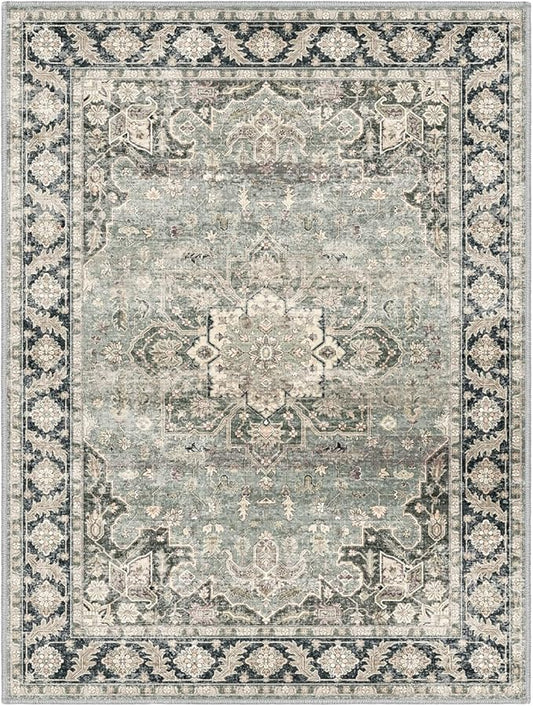7X9 Area Rugs - 7X9 Washable Area Rug Indoor Vintage Rug Print Rug Low-Pile Floor Carpet for Living Room, Bedroom (Olive Charcoal)