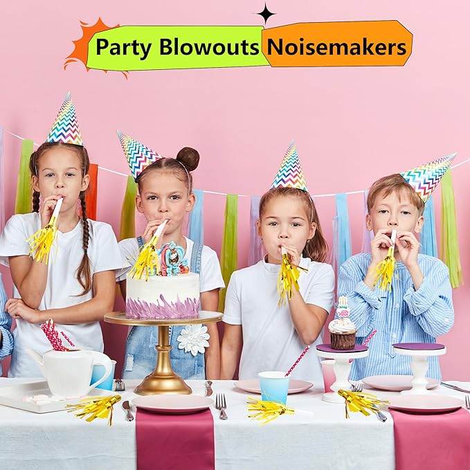 36 Pieces Glitter Metallic Fringed Noisemakers Musical Party Blowers Blowouts Whistle Party Blow Horns for New Years Birthday Party Supplies Sporting Event Celebrations (Gold)