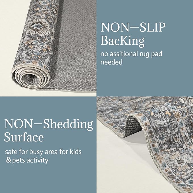 Washable Area Rugs 5'x7' Non-Slip Vintage Boho Distressed Fade Resistant Low Pile Carpet for High-Traffic Living Room, Bedroom & Dining Room