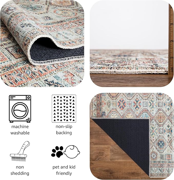 Keen Home Design 2x10 Rug - Machine Washable Runner Rug with Non-Slip Backing, Ideal for Hallway, Entryway, Kitchen, Laundry Room - Vintage, Easy Clean, Durable, Low Pile - (2'6" x 10')