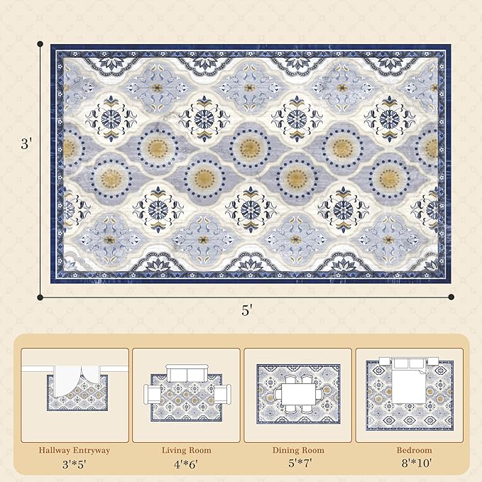 EnHomee Area Rugs 3x5, Soft Washable Rugs for Living Room Bedroom, Boho Non Slip Low Pile Stain Resistant Washable Rug Large Carpet for Dining Room,Easy to Clean Living Room Rug, Blue