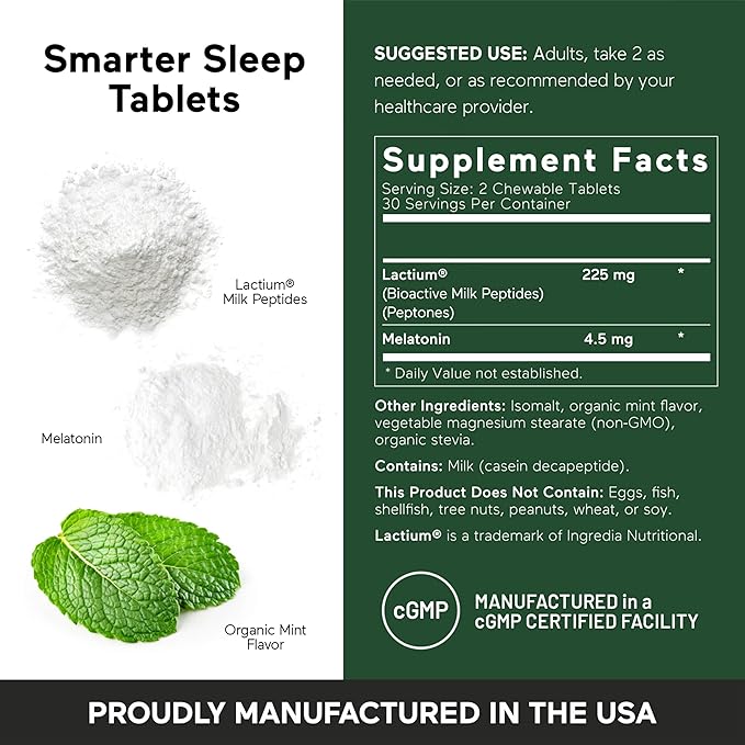 SMARTERNUTRITION Smarter Sleep Melatonin Dissolvable Tablets 4.5 mg + Natural Clinically Proven Lactium® for Sleep & Stress Support - Mint Flavor Melatonin Tablets - Non-GMO-60 Count[30-Day Supply]