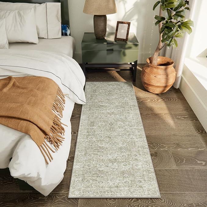 2'x6' Washable Runner Rug Utral Soft Lightweight Vintage Boho Distressed Non-Slip Backing,Low Pile Stain Resistant Farmhouse Rug for High-Traffic Hallway, Kitchen & Laundry