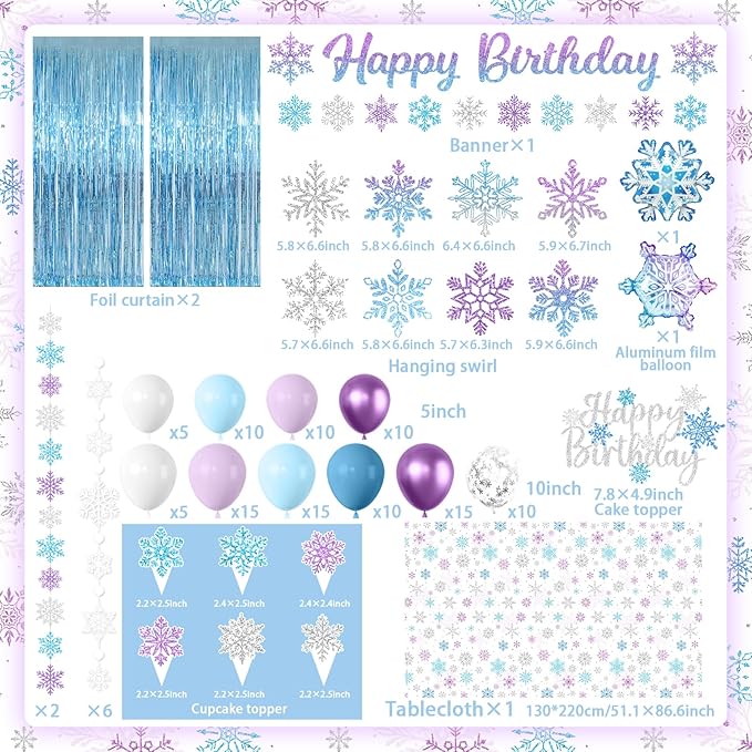 Snowflake Birthday Party Decorations, Blue Purple Winter Wonderland Decorations Kit include Fringe Curtain,Snowflake Garland,Balloon,Banner,Cake Topper,Tablecloth for Winter Snowflake Party Decor