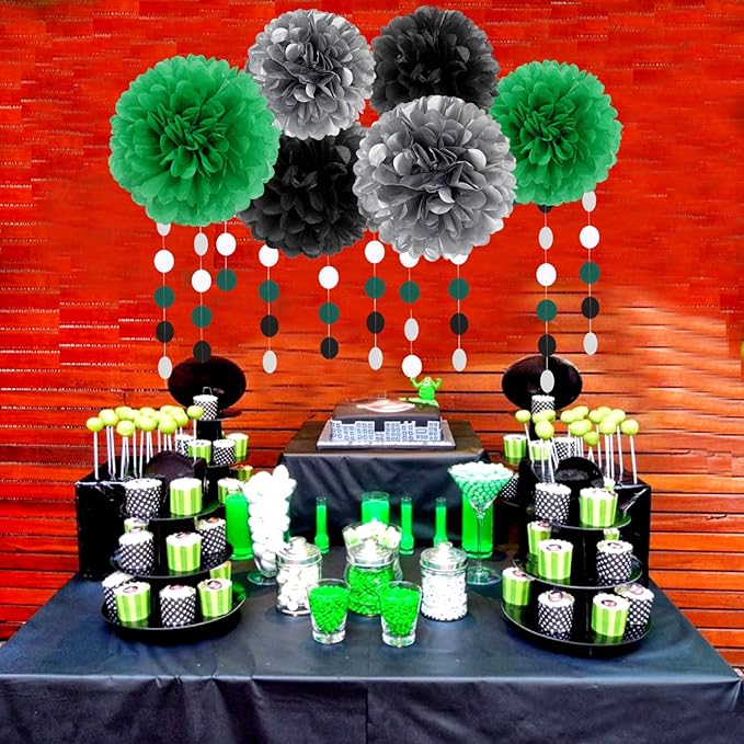 Black Green Silver Football Party-Decorations - 30pcs Soccer Graduation Streamers,Tissue Pom Poms,Tassel Garland Backdrop Men Boys Birthday Spring Sunmer Bunting Jungle theme Banner Lasting Surprise