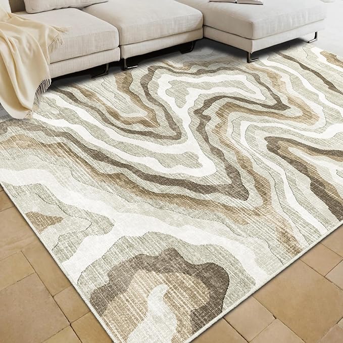 Area Rug Machine Washable Rug 7x9 - Abstract Inspired Design Large Area Rugs for Living Room Bedroom,Soft Durable, Stain Resistant, Non-Shedding, Easy Clean Area Rugs (Multi Beige, 7X9)