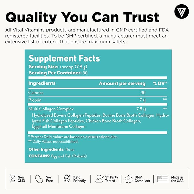 Vital Vitamins Multi Collagen Peptides Powder - Unflavored, Easy to Dissolve - Type I, II, III, V, X - for Women & Men - Promotes Hair, Skin, Nails, & Joint Health - 30 Servings