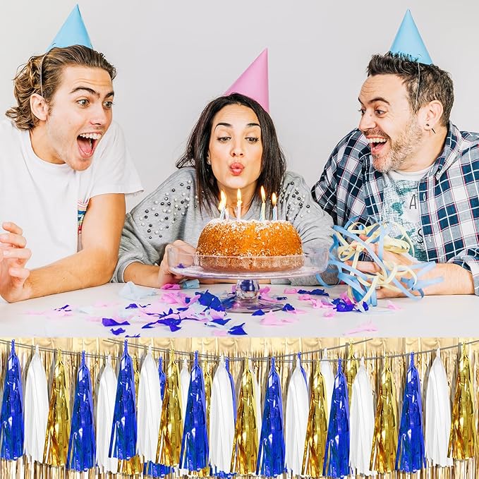 6P Navy-Blue White-Gold Foil Fringe Metallic Tassel-Garland, Tassels Banner Streamers for Parade Floats, Bachelorette, Wedding, Birthday, Graduation, Christmas, Bridal/Baby Shower Party Decorations