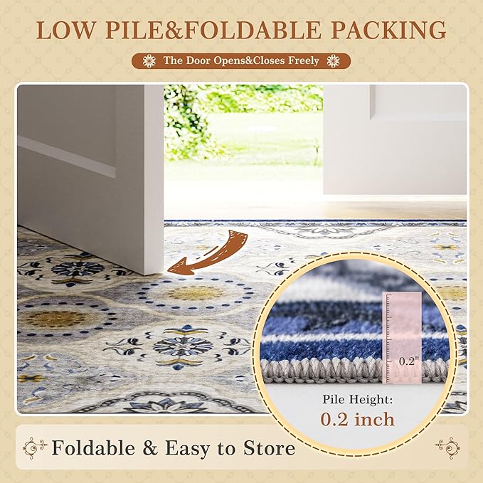 EnHomee Washable Area Rugs 4x6, Soft Area Rug for Living Room Bedroom, Boho Non Slip Low Pile Stain Resistant Washable Rug Large Carpet for Dining Room,Easy to Clean Living Room Rug, Blue