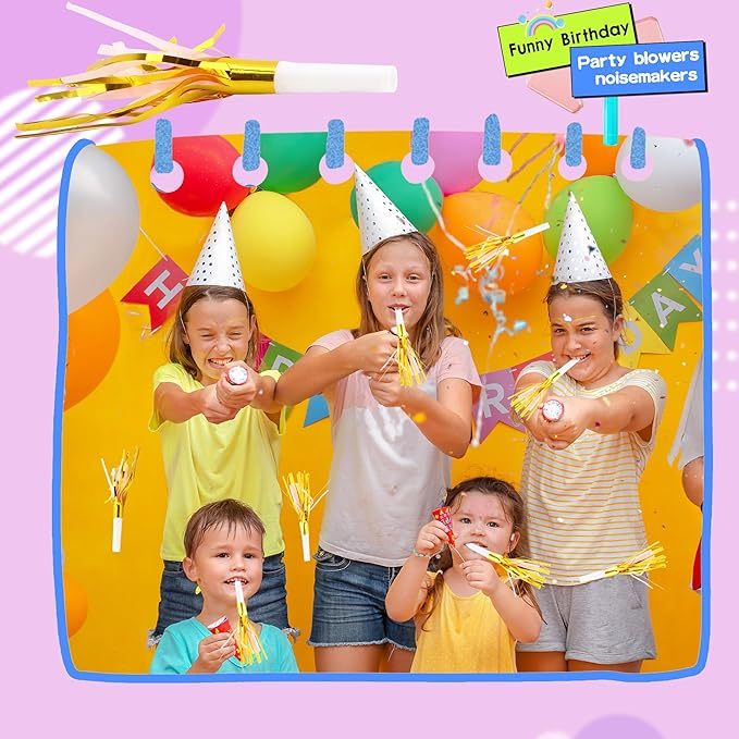 36 Pieces Glitter Metallic Fringed Noisemakers Musical Party Blowers Blowouts Whistle Party Blow Horns for New Years Birthday Party Supplies Sporting Event Celebrations (Pink)