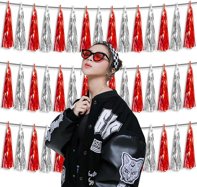 3P Metallic Fringe Tassel Banner Garland Foil Tinsel Streamer Wall Hanging Curtain Backdrop Banner for Parade Floats,Halloween Decorations, Christmas Day, Wedding Party Decoration(Red Silver)