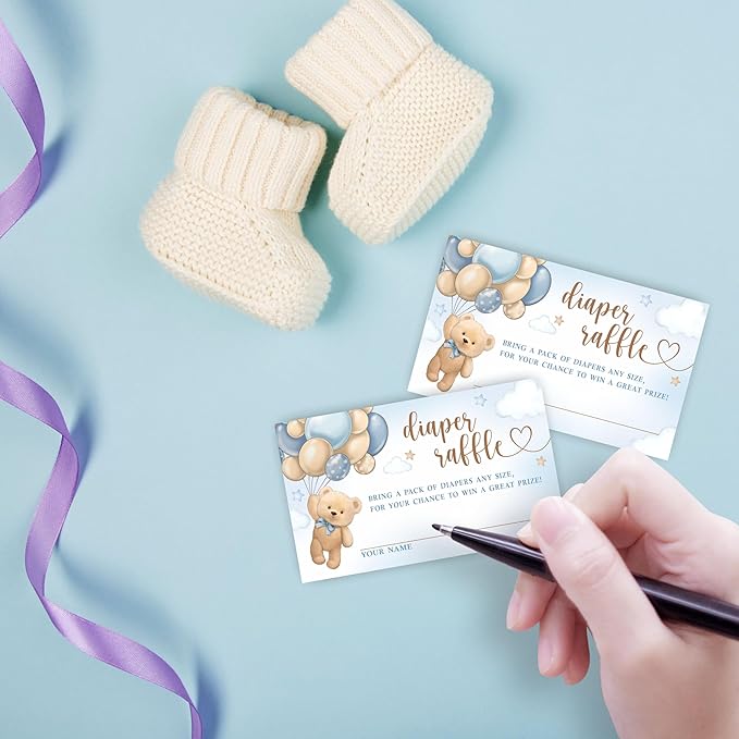 Blue Bear with Balloon Diaper Raffle Game Kit - 50 Tickets & 7x10 Inch Sign with Stand, Gender Neutral Baby Shower Decor, Bear Theme Gender Reveal Party Supplies (B02)