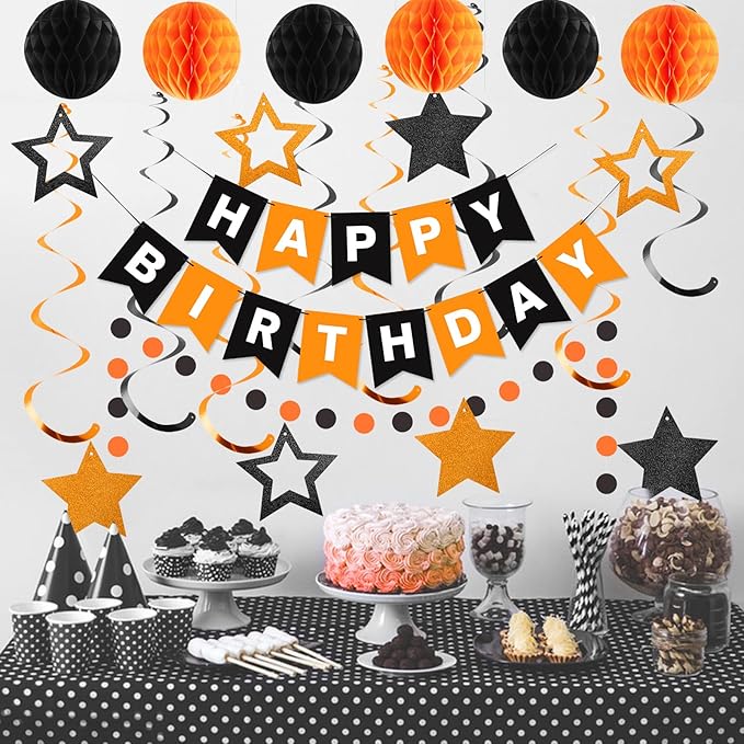 meowtastic Birthday Decorations, Happy Birthday Banner with Honeycomb Balls, Star Hanging Swirl Streamers, Circle Dots Garland, Happy Birthday Party Decorations for Women Girls (Black & Orange)