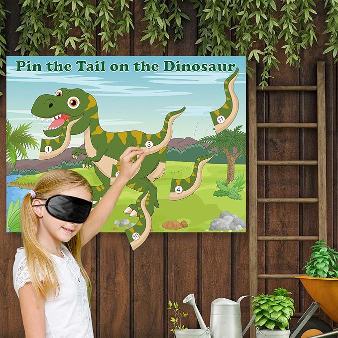 FEPITO Pin The Tail on The Dinosaur Game with 24 Pcs Tails for Dinosaur Birthday Party Supplies, Boys Dinosaur Party Game