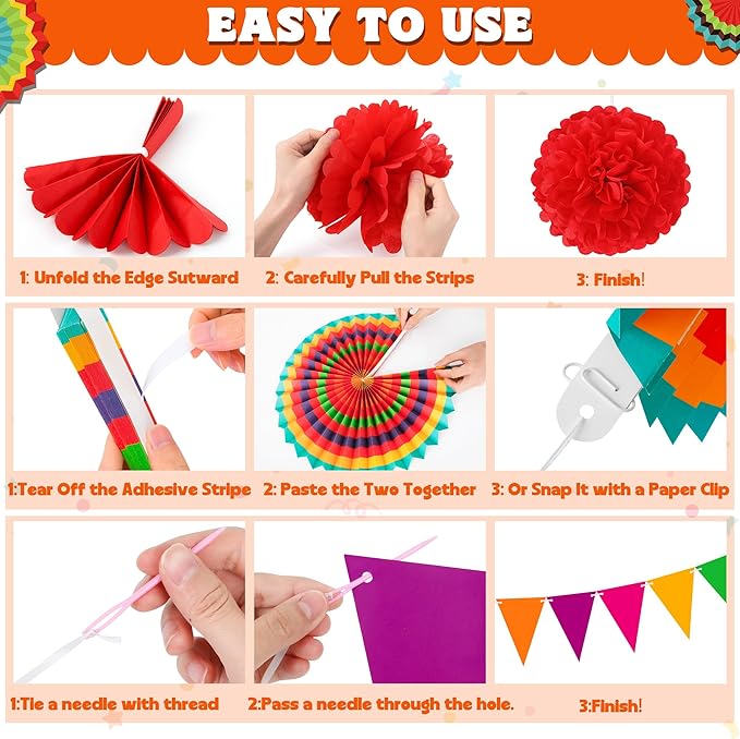 35 PCS Cinco De Mayo Decorations, Fiesta Party Decorations Hispanic Heritage Month Decorations Banner Paper Fans Tissue Pompom Swirls Garland for Day of Dead Mexican Party Decor Supplies Decor