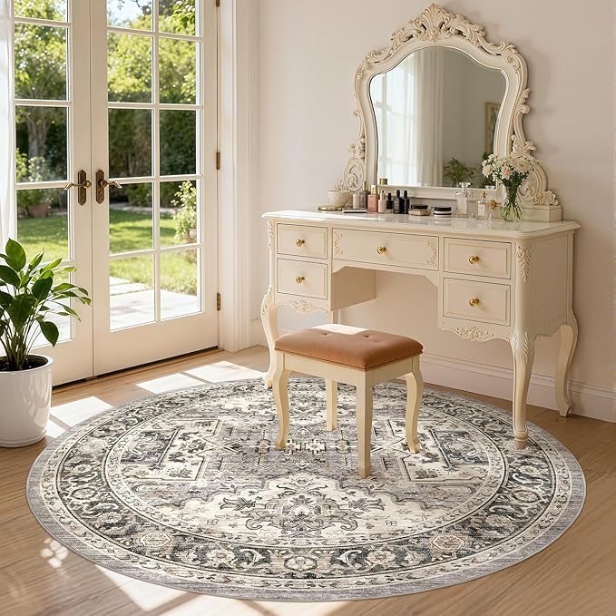 Area Rug for Living Room - 5x5 Soft Machine Washable Oriental Vintage Floral Distressed Large Indoor Floor Carpet for Bedroom Under Dining Table Home Office Decor - Brown