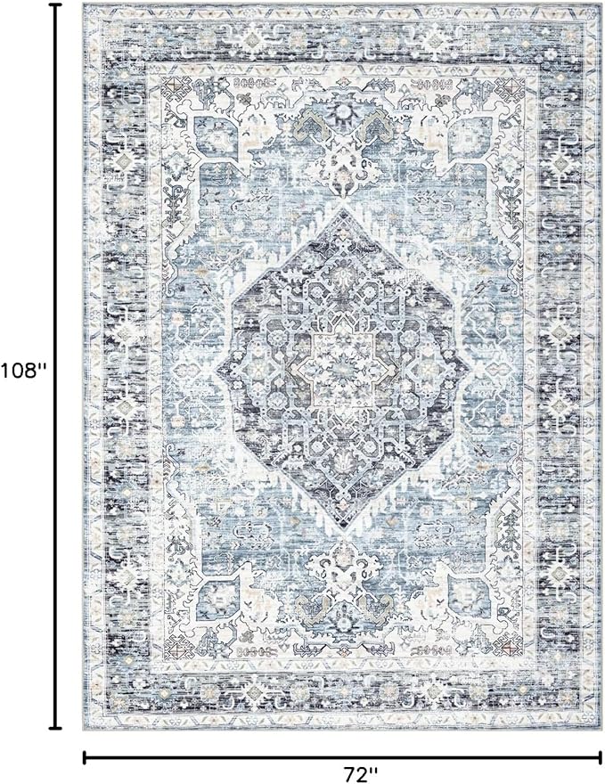 Area Rug 6×9, Large Vintage Boho Rug,Ultra-Soft Low Pile, Washable, Non Slip,Stain Resistant, Printed Carpet for Living Room Bedrooms Playroom Office Kitchen, Light Blue