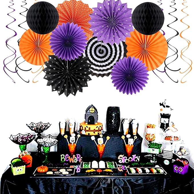 Orange Black Purple Halloween Party-Decorations - 33Pcs Banner,Streamers Tassel Garland,Tissue Pom Poms Honeycomb,Paper Lantern Fan,Birthday Wedding Baby Bridal Shower Decor Hugtmr