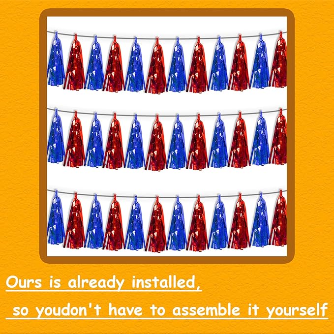 3P Blue Red Metallic Fringe Tassel Banner Garland Foil Tinsel Streamer Wall Curtain Backdrop for Parade Floats, Graduation, Independence Day, 4th of July, Patriotic Themed Party Decoration