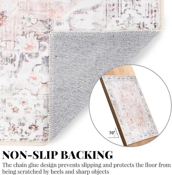 MUJOO Pink Rug 6'x9' Area Rugs for Living Room Washable Rugs Large Boho Carpet for Bedroom Dining Room Neutral Vintage Farmhouse Abstract Non Slip Soft Low-Pile Floral Flowers